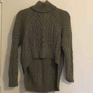 green knit, high/low, turtle neck sweater